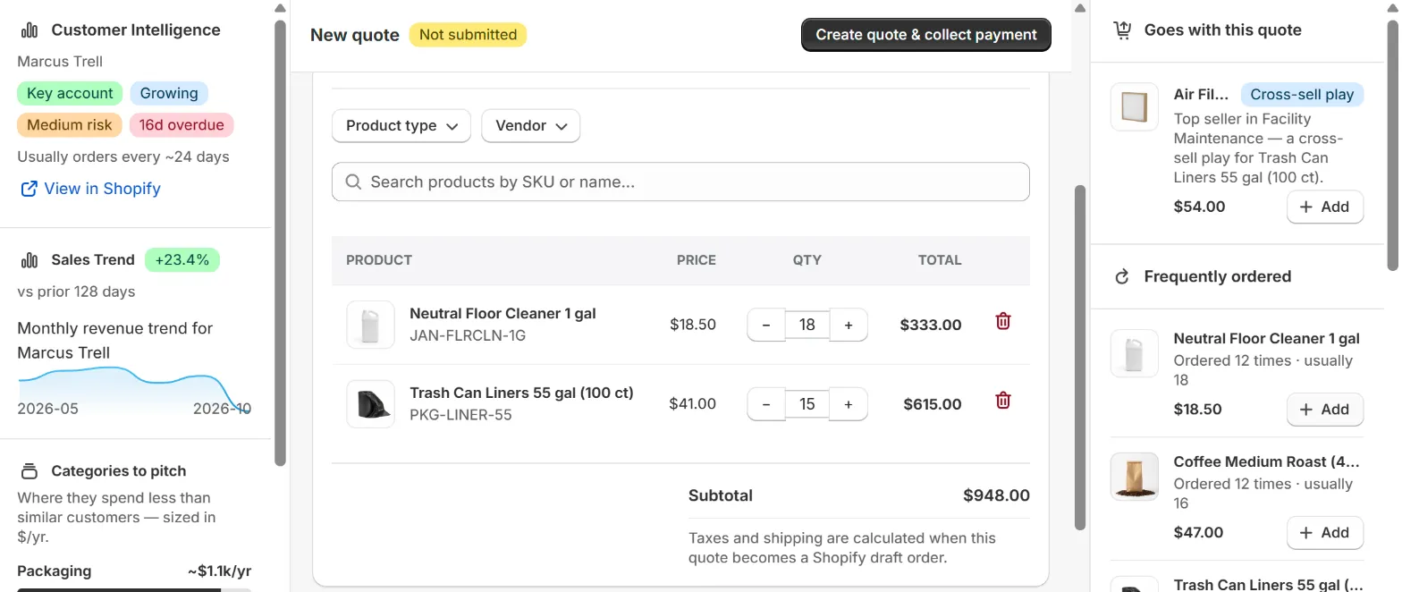 The quote screen: customer intelligence on the left, two order lines with prices and quantities in the middle, and Goes with this quote cross-sell plus Frequently ordered on the right.