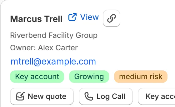 Marcus Trell’s account card with owner, contact details and status badges.