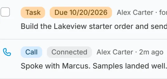 The timeline with the task for Jordan Ellis and the connected call.