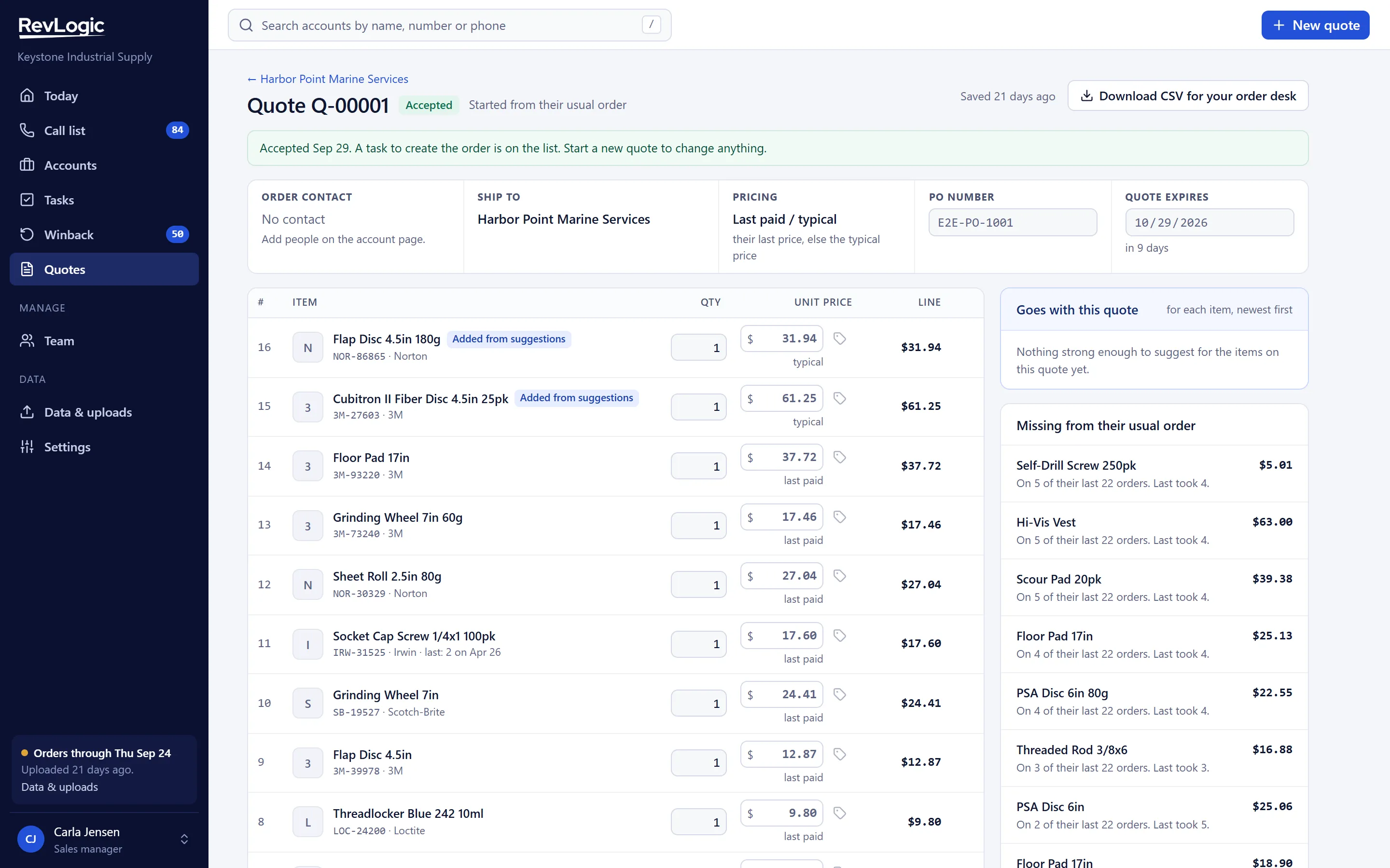 RevLogic quote screen with line items, last-paid prices and items missing from the usual order