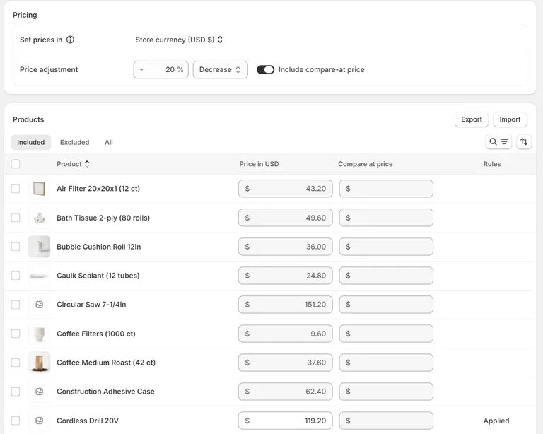 A B2B catalog in the Shopify admin. The Pricing card shows prices set in store currency with a 20 percent decrease adjustment and compare-at price included. Below it, the product list shows each product's contract price in USD, with a Rules column showing Applied on the Cordless Drill 20V line.